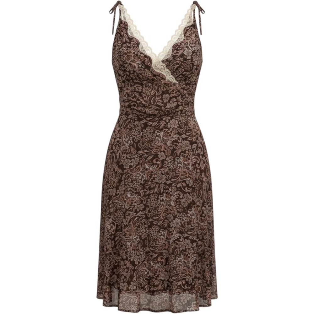 Dressbarn 16 Brown Pink Paisley Lace Tie Shoulder Maxi Dress Y2K Boho